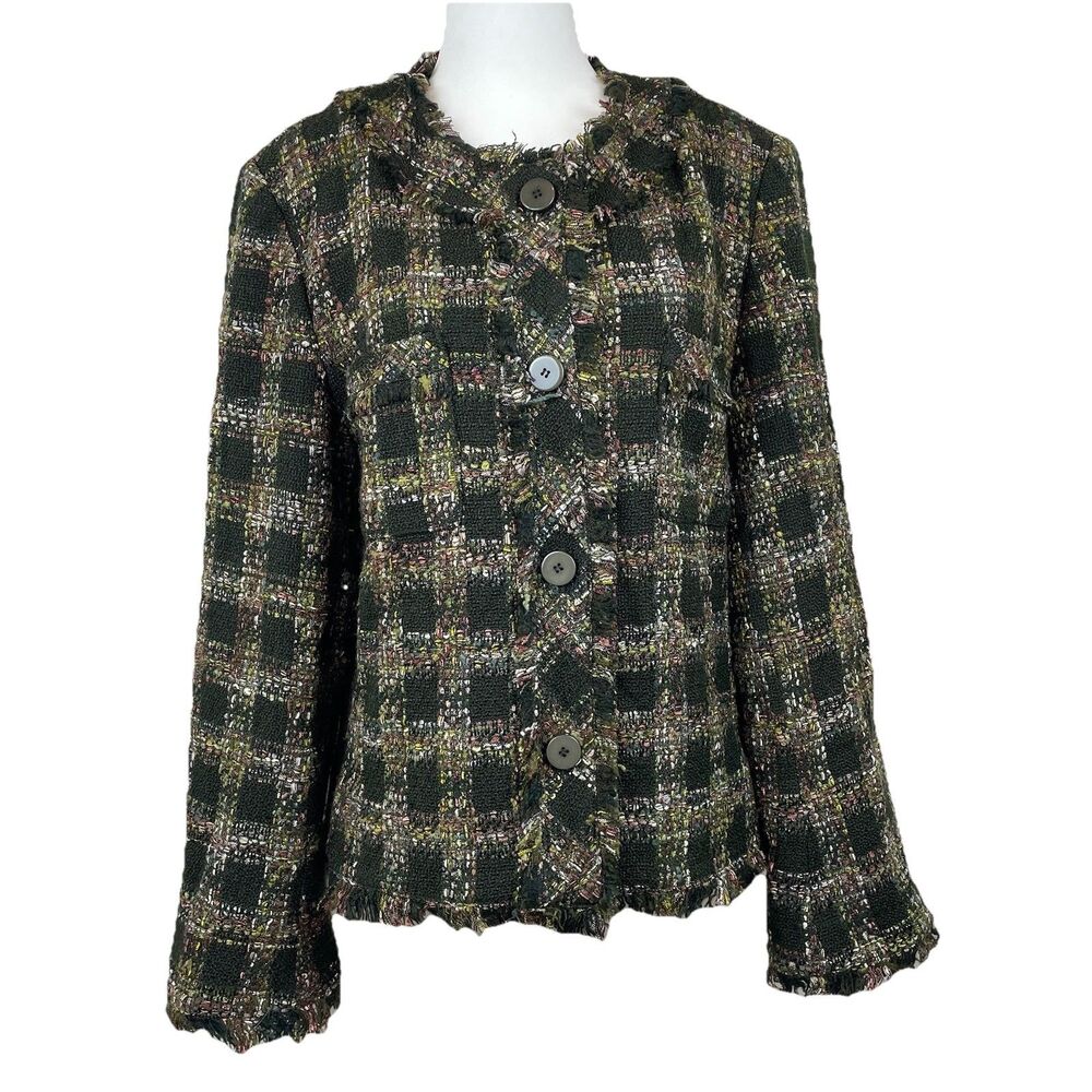 Josephine Chaus Green Multicolored Tweed Blazer Career Party Holiday-14